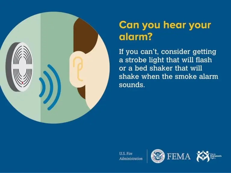 An informative illustration highlighting the importance of being able to hear your alarm, suggesting the use of a bed shaker for those who might not hear it, as a safety measure against fire hazards.