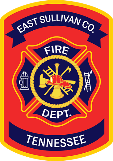 Emblem for East Sullivan County Fire Dept., Tennessee. Features firefighting equipment like an axe, helmet, and ladder in the center, surrounded by a red and navy design with text.