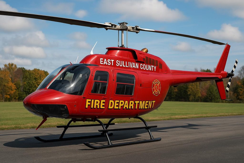 Red helicopter parked on a runway under a blue sky with clouds. It has "East Sullivan County Fire Department" written on the side. Trees with autumn foliage are visible in the background.
