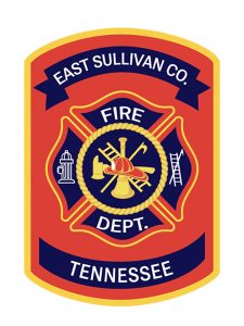 A red and gold badge for East Sullivan Co. Fire Dept. in Tennessee, featuring firefighting symbols: ladder, hydrant, helmet, trumpet, and hook, with the department’s name displayed around the emblem.